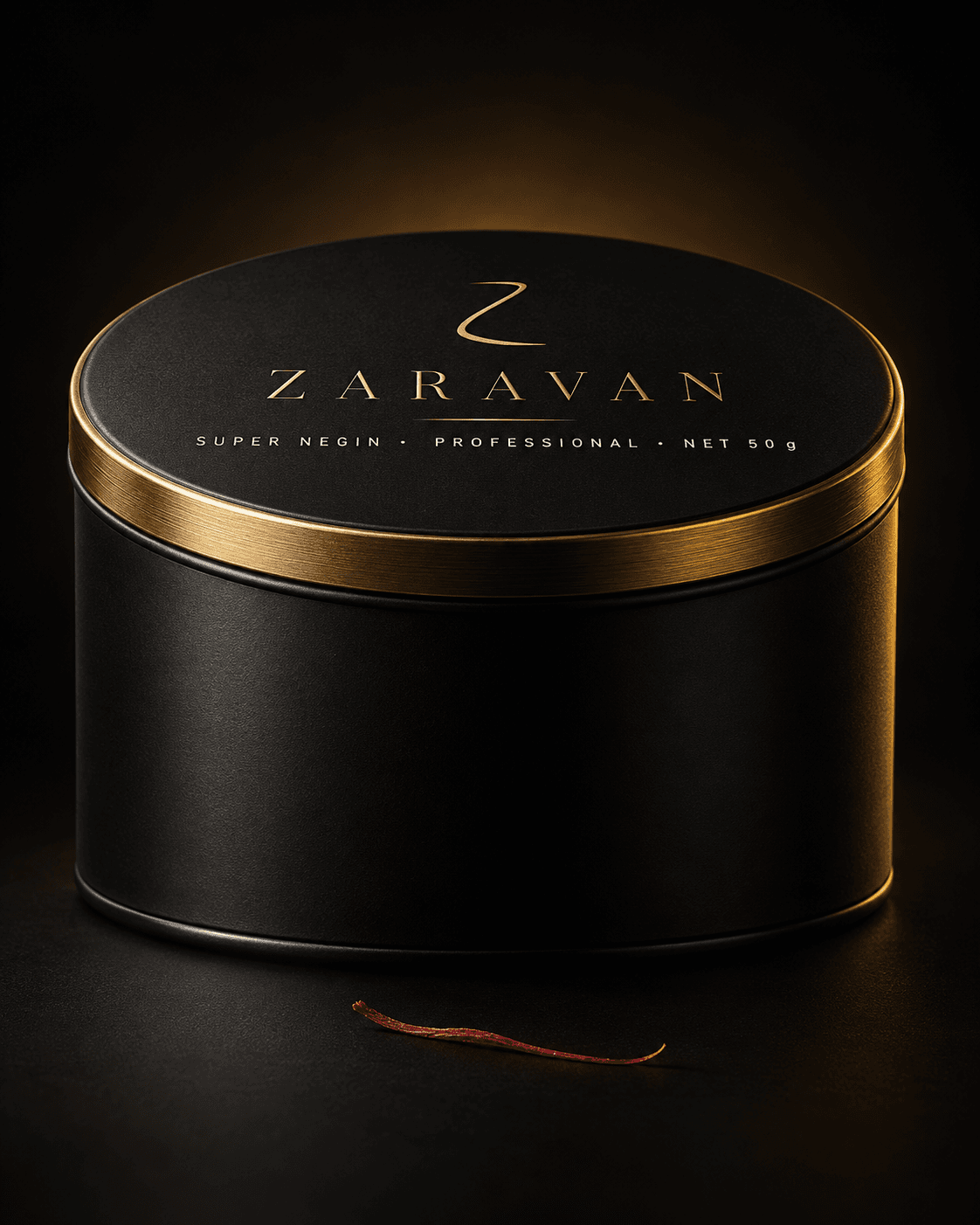 Large black tin with a brass band holding fifty grams of Super Negin saffron.