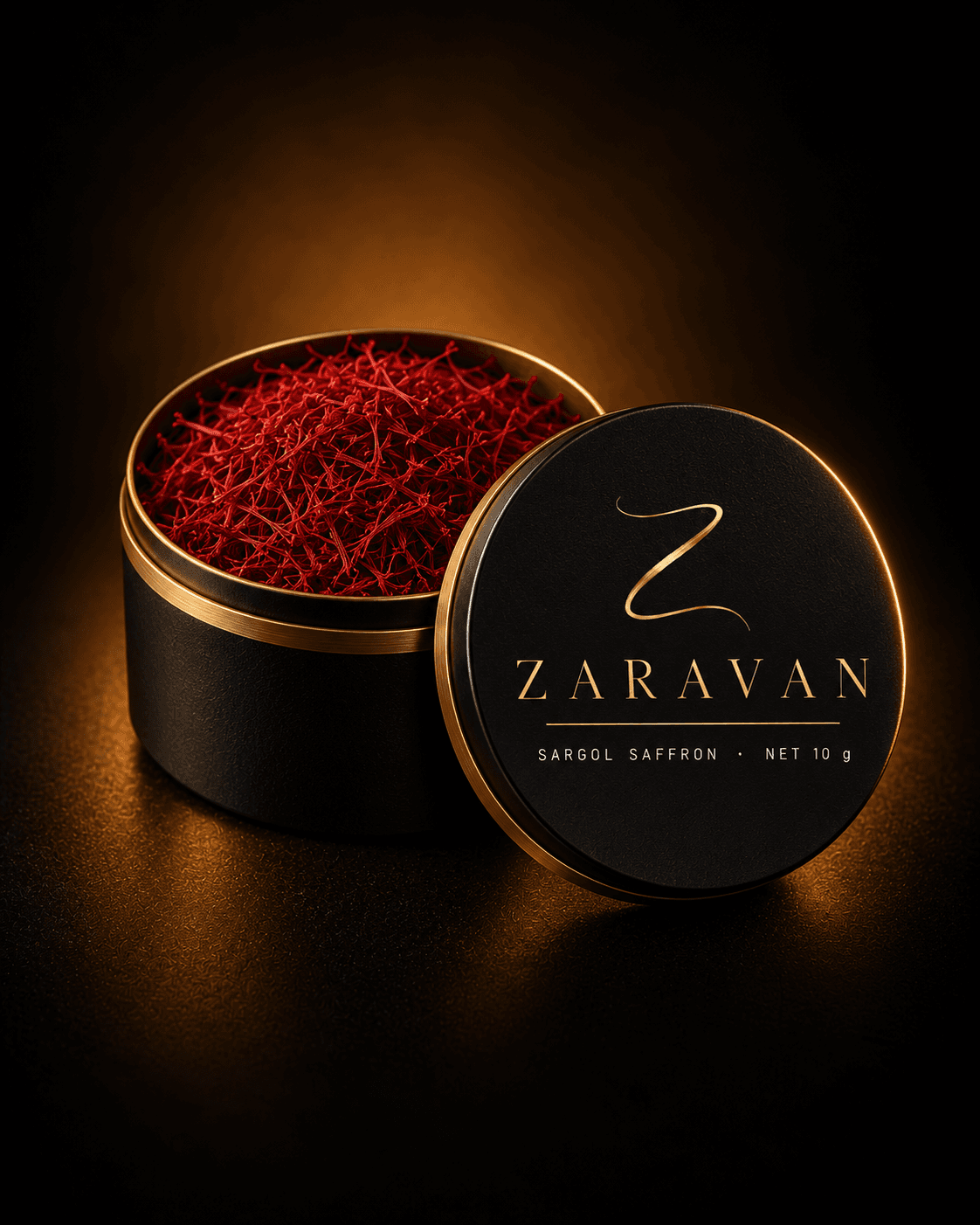 Open black tin filled with Sargol threads, its lid propped against the side.