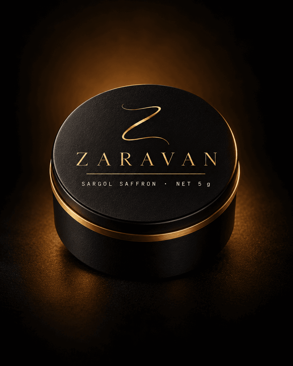 Closed black tin with a brass rim holding five grams of Sargol saffron.