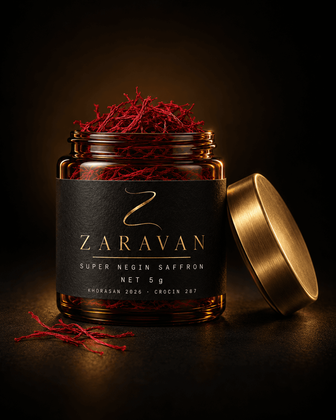 Open amber jar heaped with Super Negin threads, its brass lid leaning beside it.